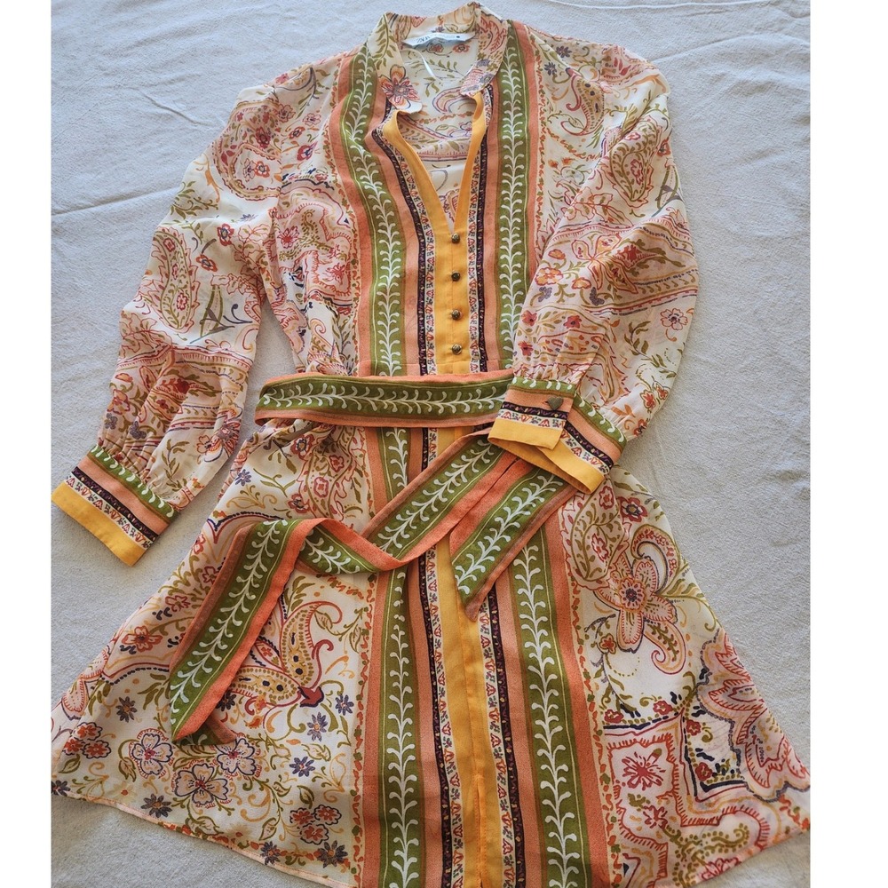🌼ZARA Paisley Floral Print Belted Shirt Dress Multi M boho vibe Y2K colorful 🌿